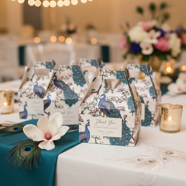 Ballotins Elégant bleu Peacocks et fleurs ivoire (Chic Floral Peacock Pattern Thank You Wedding Ivory Favor Boxes. Elegant Teal Peacock & Flowers)