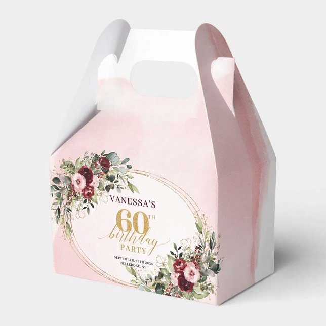 Ballotins Elegant Boho Burgundy Gold Floral 60th Favor Box (Elegant Boho Burgundy Blush Roses 60th Birthday Box

)