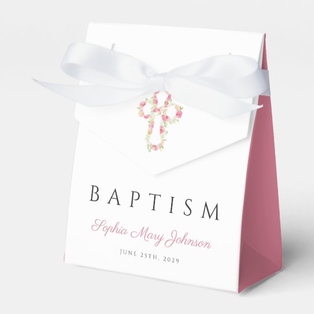 Ballotins Élégant croix florale rose Baptême (Verso)