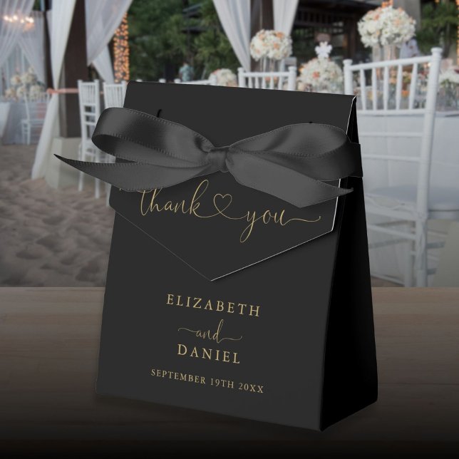 Ballotins Élégant Mariage de script Coeur Noir Et Or (Elegant Black And Gold Heart Script Wedding Favor Boxes)