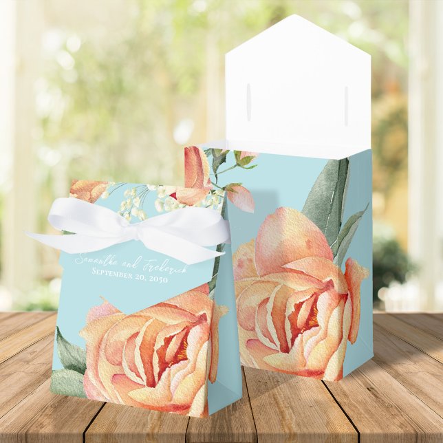 Ballotins Élégante Pêche de mariage bleu floral (Peach and blue wedding favor box)