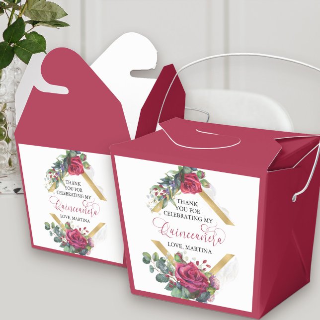 Ballotins Élégante Rose florale Rouge Eucalyptus Quinceanera (Elegant Quinceanera favor boxes with thank you message with floral red and gold theme)
