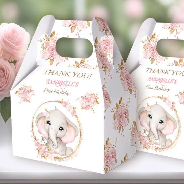 Ballotins Eléphant Fille Rose Blanc Floral 1er anniversaire (Elephant Girl Pink White Favor Box - You can choose from 3 sizes by clicking on the STYLE dropbox.)