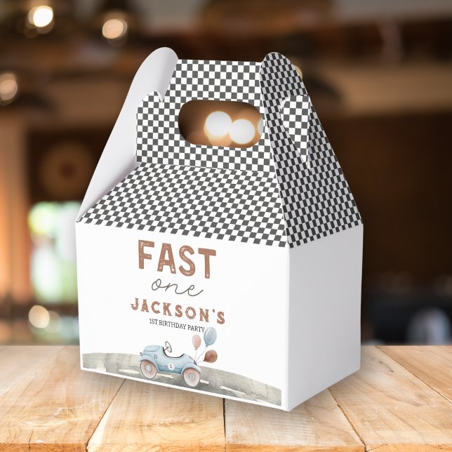 Ballotins Fast One Racing Car Blue Boy 1er anniversaire Bien (Fast One Race Car 1st Birthday Favor Box)