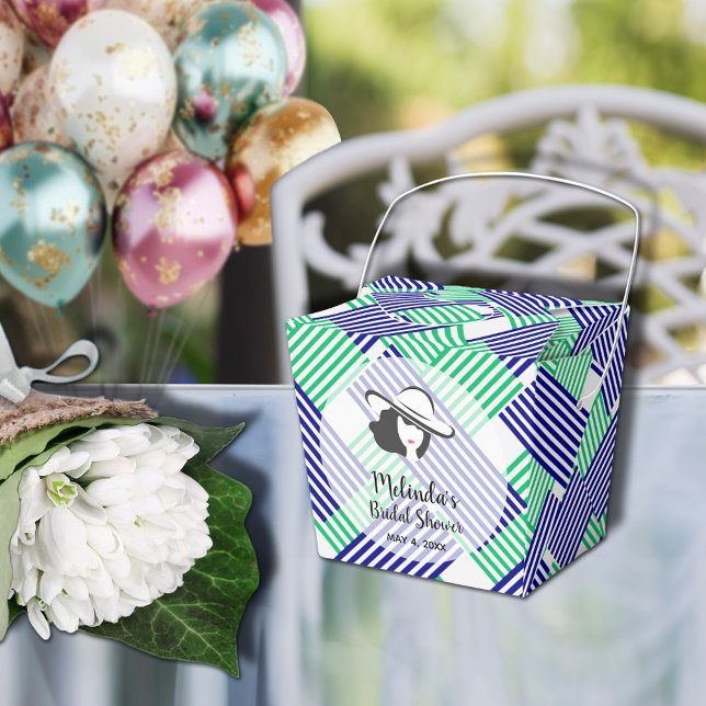 Ballotins Fête des mariées Marine Green Stripes Takeout (Big Derby hat lady on blue and green diagonal stripes takeout style bridal shower favor boxes)