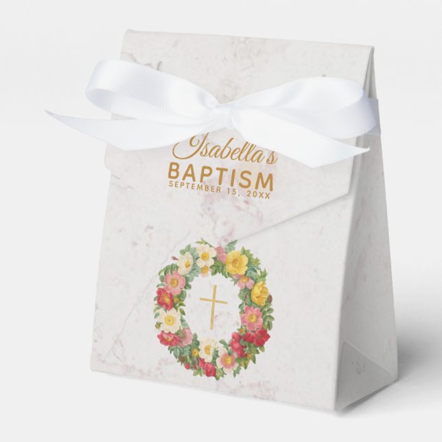 Ballotins Fille Baptême Marbre Floral Croix d'or Rose Wreath (Verso)