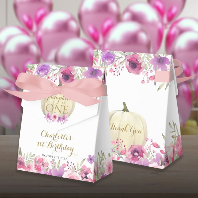Ballotins Filles 1er anniversaire Petit Citrouille rose flor (Girls 1st Birthday Little Pumpkin Pink Floral Favor Boxes)