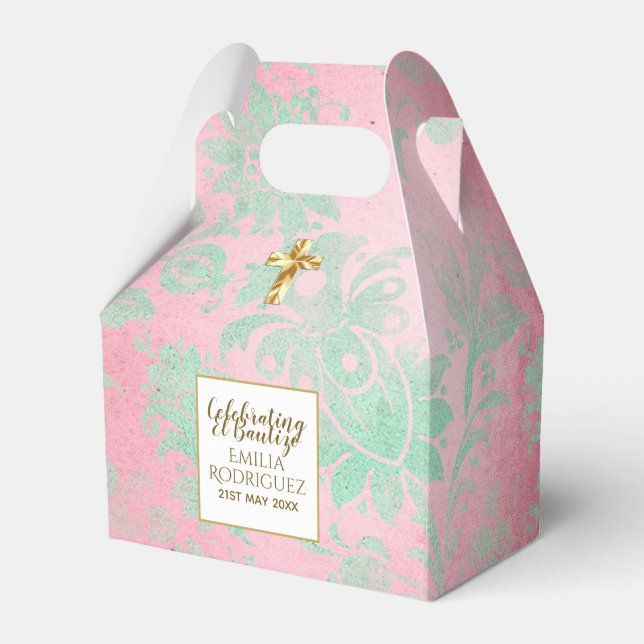 Ballotins Filles Bautizo Pink Mint Green Damask Gold Cross (Verso)