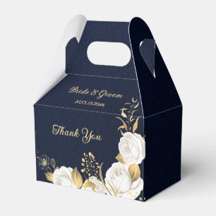 Ballotins fleurs blanches or feuille marine bleu mariage