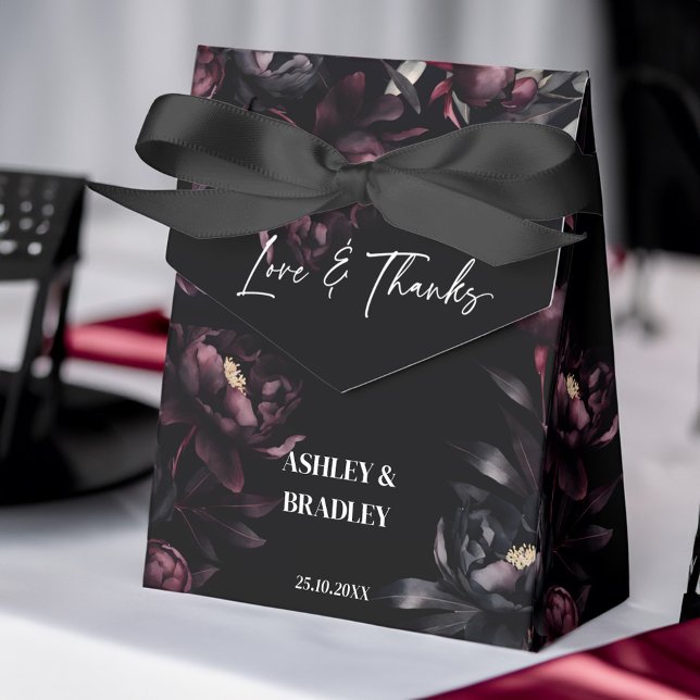 Ballotins Fleurs bordeaux foncées moody (Dark moody burgundy flowers wedding favors personalized template favor box black themed wedding box)