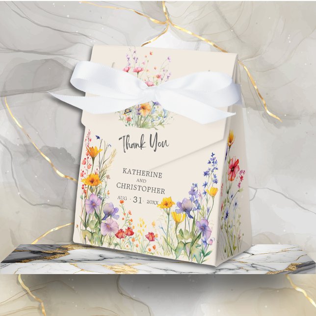 Ballotins Fleurs sauvages colorés Elégant Merci de mariage (Colorful Wildflowers Thank You Wedding Favor Bag with Bow has Wedding Details, purple, orange, red.)