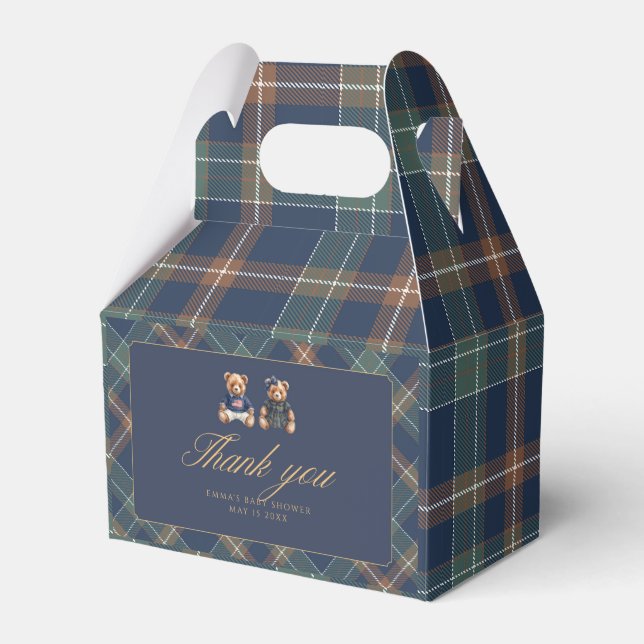 Ballotins Gender Reveal Favor Boxes Navy Plaid Teddy Bear (Verso)