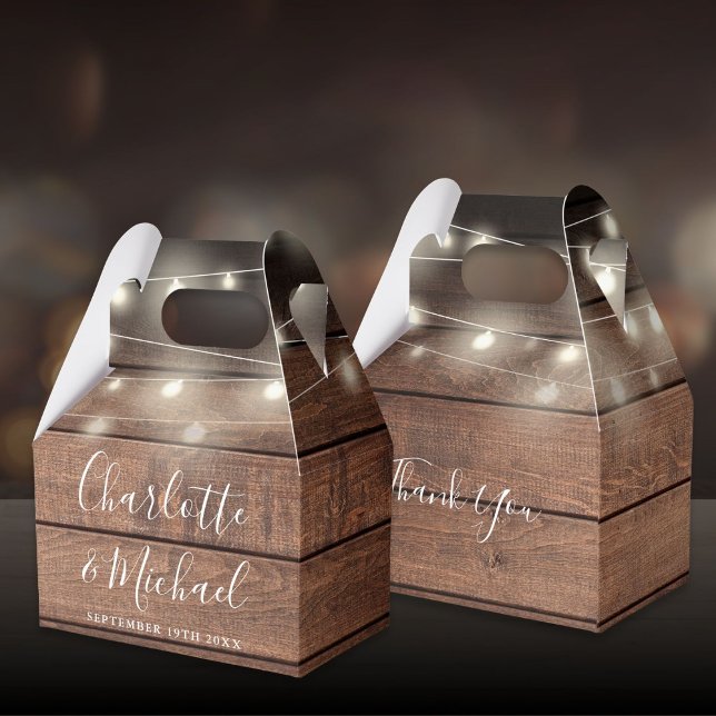 Ballotins Lumières Guirlandes Mariage Écriture Signature Boi (String Lights Rustic Wood Signature Script Wedding Favor Boxes)