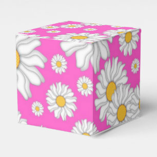 Ballotins Marguerites blanches sur boîte cadeau rose chaud