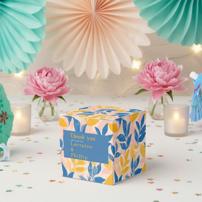 Ballotins Mariage botanique bleu et jaune Merci (Blue and Yellow Leafy Botanical Wedding thank you Favor Boxes.)