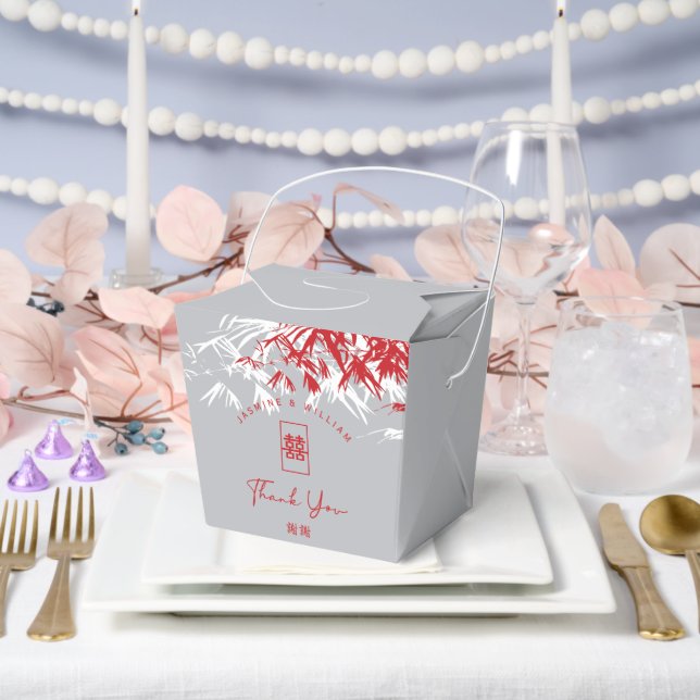 Ballotins Mariage chinois double Xi Feuille rouge/gris bambo (Mariage)