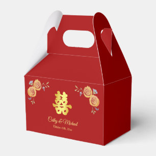 Ballotins Mariage chinois rouge orange fleuri double bonheur