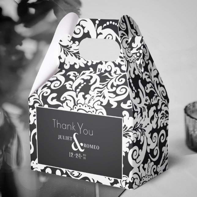 Ballotins Mariage damassé florale moderne noir blanc élégant (elegant black and white wedding favor gift box)