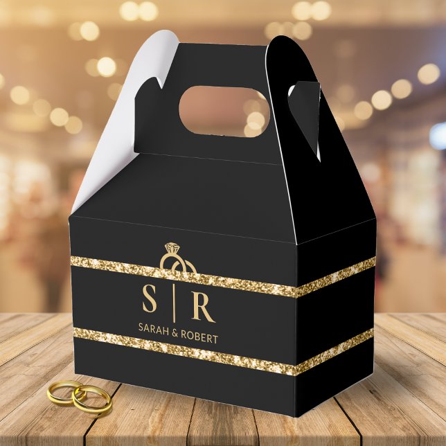 Ballotins Mariage d'anneau diamant de bande de Parties scint (Black & Gold Glitter Strip Diamond Ring Wedding Favor Box)