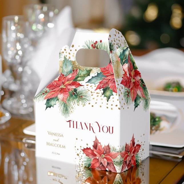 Ballotins Mariage d'hiver favorise poinsettia modèle d'or (Winter wedding favors red poinsettia gold sprinkles template favor box)