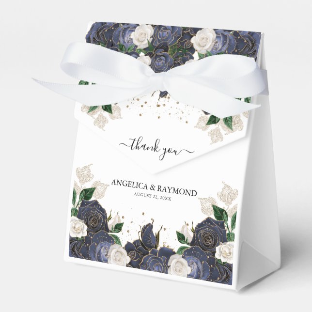 Ballotins Mariage Élégant Fleurs Bleu Marine et Blanc Remerc (Verso)