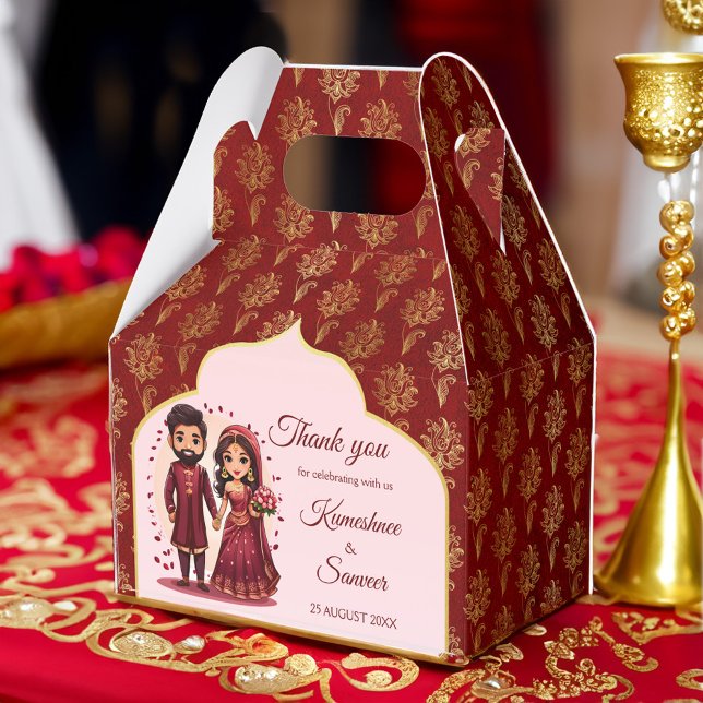Ballotins Maroon et or mignon dessin animé de couple de mari (Maroon and gold Indian wedding favors cute bridal couple cartoon personalized printed Favor Boxes)
