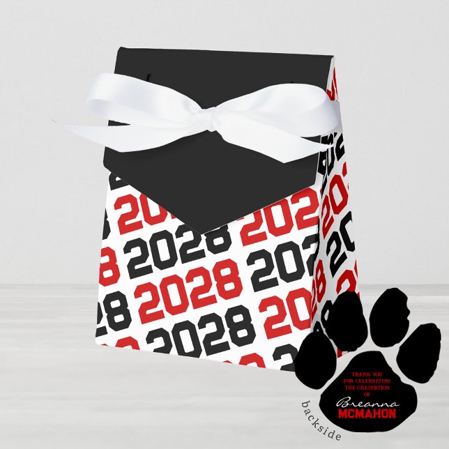 Ballotins Merci rouge et noir Grad Pawprint retour cadeau (Red & Black Pawprint Class Year Graduation Favor Boxes. With Personalization on Back)
