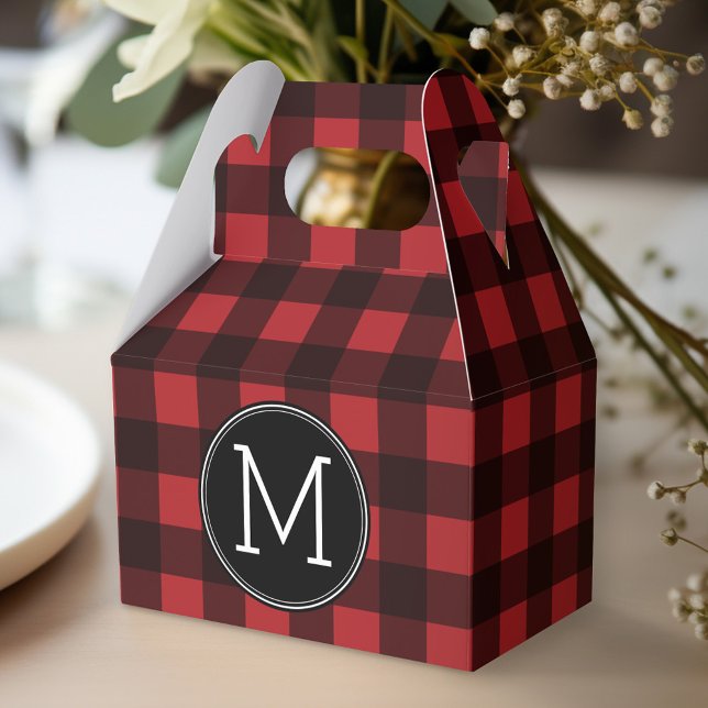 Ballotins Monogramme de Motif de buffle rouge et noir rustiq (Personalized favor box - monogram buffalo plaid)