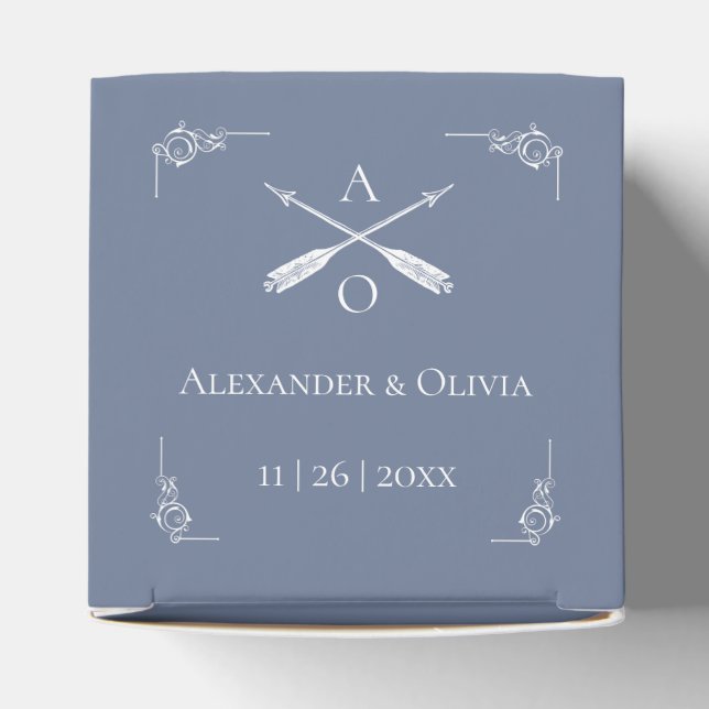 Ballotins Monogramme et flèches bleu Dusty Boîte de mariage  (Haut)