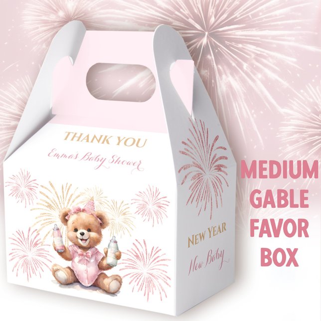 Ballotins Nouvel an rose fille Baby shower Moyen Gable (New Year Pink Bear Medium Gable Favor Box -  You can choose from 3 sizes of these gable favor boxes)