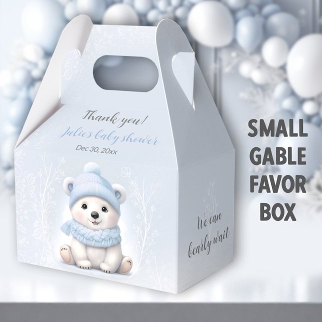 Ballotins On Peut Attendre De Près Le Baby shower Bleu Ours  (Blue Polar Bear Small Gable Favor Boxes - You can choose from 3 sizes of these gable favor boxes.)