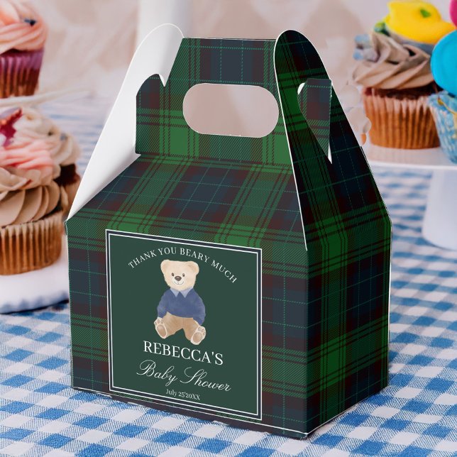 Ballotins On peut attendre un baby shower plaid classique (We can bearly wait classic green plaid polo teddy bear baby shower favors personalized favor boxes)