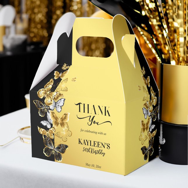 Ballotins Papillons Noir et Or fête d'anniversaire personnal (Black and Gold butterflies birthday party custom Favor Box)