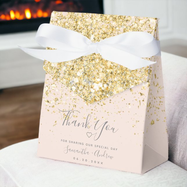 Ballotins Parties scintillant or rose pâle merci mariage (Gold glitter blush pink thank you wedding favor box)