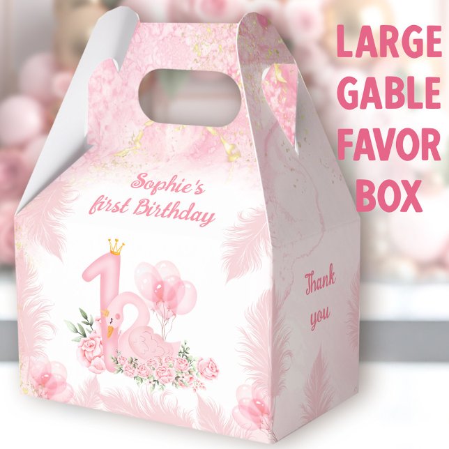 Ballotins Plumes florales de cygne rose 1er anniversaire gra (Swan large gable favor boxes. You can choose from 3 sizes of these gable favor boxes.)
