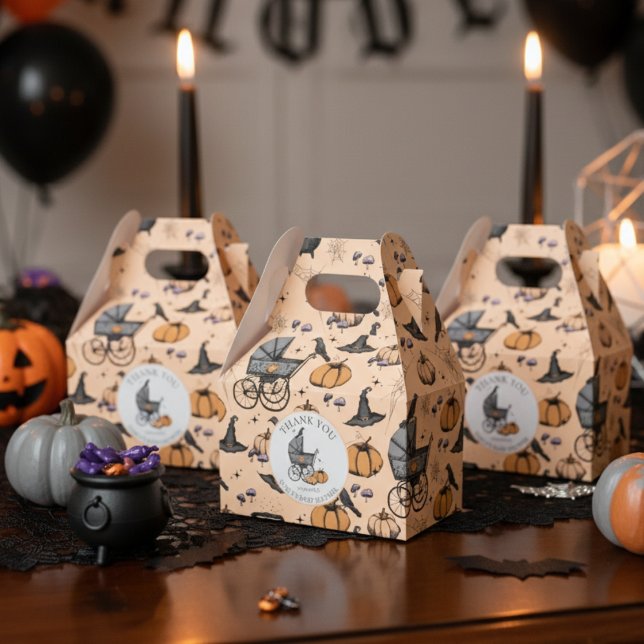 Ballotins Porte-bébé victorienne goth sur mesure Halloween (Cute Gothic Halloween Baby Shower Favor Boxes in Orange. Spooky Vintage Baby Carriage Pumpkins Bats)