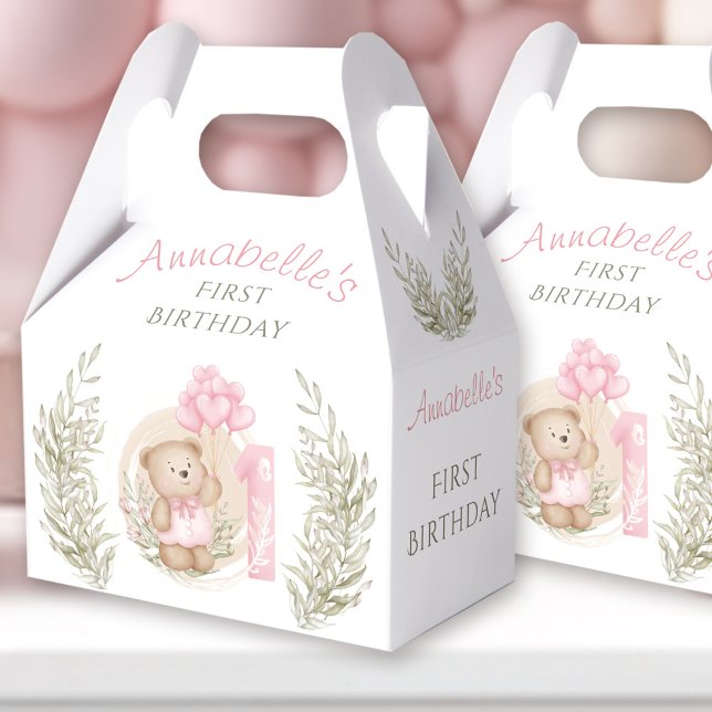 Ballotins Premier Anniversaire Mignonne Teddy Ours Ballons C (First Birthday Cute Teddy Bear Heart Balloons Pink Favor Boxes)
