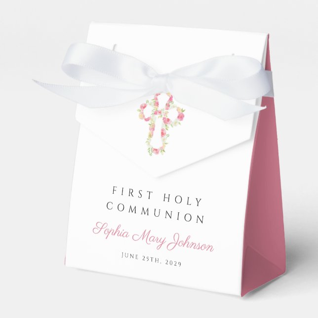 Ballotins Première communion de la croix florale rose élégan (Verso)