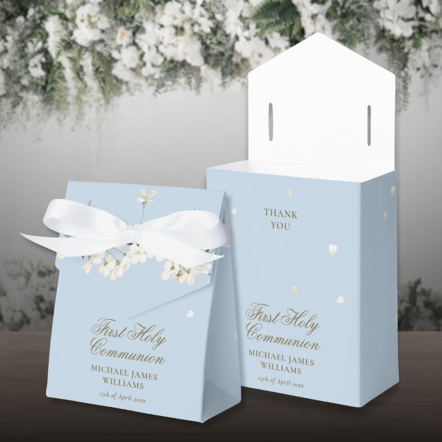 Ballotins Première Communion Florale Blanc Fleur Bleu (First Holy Communion Floral White Blossom Blue Favor Boxes)