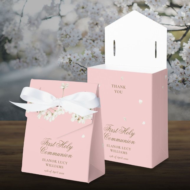 Ballotins Première Sainte Communion Blanche Fleur Rose Flora (First Holy Communion White Blossom Floral Pink Favor Boxes)