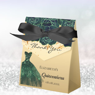 Ballotins Quinceanera fleurons or vert robe merci