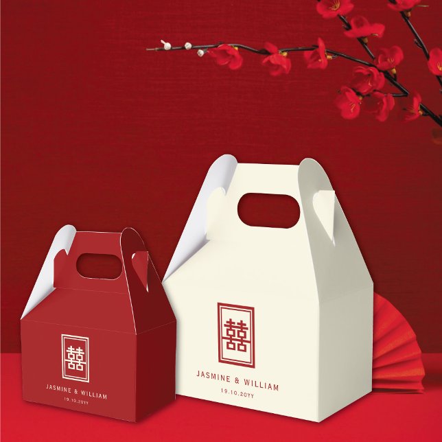 Ballotins Rectangle classique Double Bonheur Mariage chinois (Ivory/Red Classic Rectangle Double Happiness Chinese Wedding Party Favor Boxes @ fatfatin_red_knot)