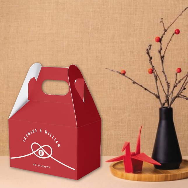Ballotins Red Knot Union Double Bonheur Mariage chinois (Red/Ivory Knot Union Double Happiness Minimalist Chinese Wedding Party Favor Box @ fatfatin_red_knot)