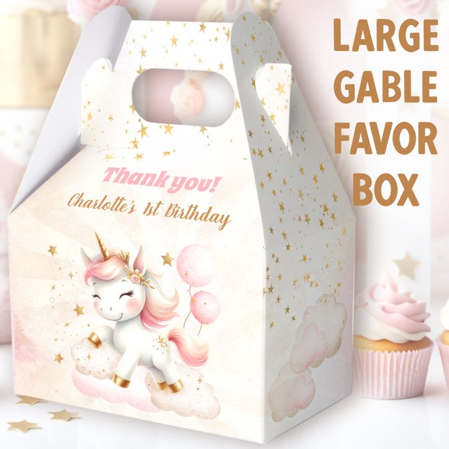 Ballotins Rose mignon Joyeux Unicorn fille Anniversaire Gran (Cute Unicorn Large Gable Favor Boxes - You can choose from 3 sizes of these gable favor boxes)