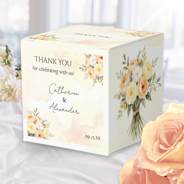 Ballotins Russe Boho Aquarelle Rose Mariage Merci (A pretty wedding favor box, with peach, white and yellow rose flowers design in a watercolor style)