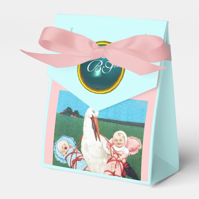 BALLOTINS STORK TWIN BABY SHOWER BLUE GEM STONE MONOGRAMME (Verso)
