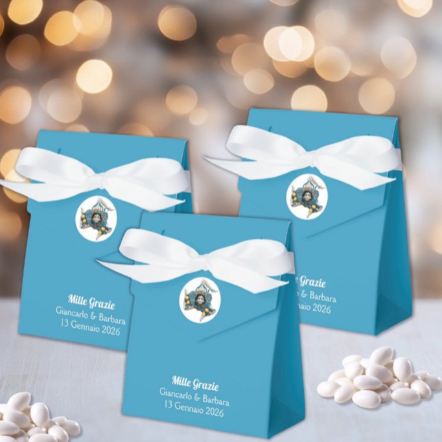 Ballotins Symbole de la Sicile Trinacrie Méduse Bleu sicilie (Trinacria Symbol of Sicily on Blue Tent Favor Box - Italian Wedding with Custom Wording)