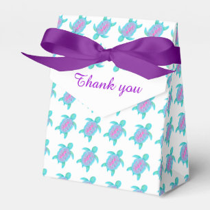 Ballotins Tortues aqua à motifs violets merci boîte cadeau