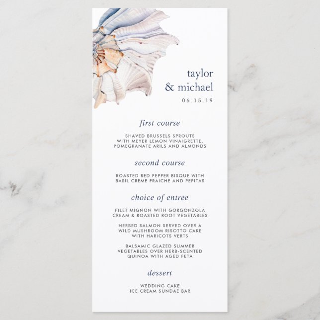 Balnéaire | Carte de menu Mariage Nautical Seashel (Devant)