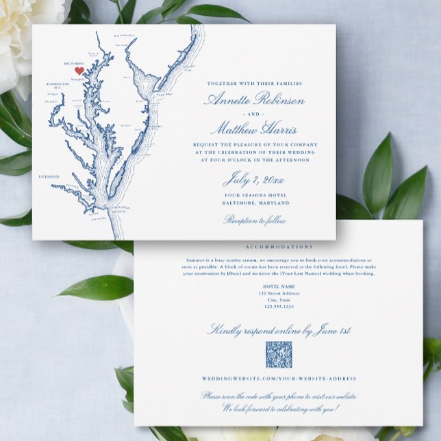 Baltimore Maryland All-in-One QR Code UAWG Wedding Einladung (Baltimore Maryland Elegant QR Code RSVP all-in-one wedding invitation with elegant navy blue map )